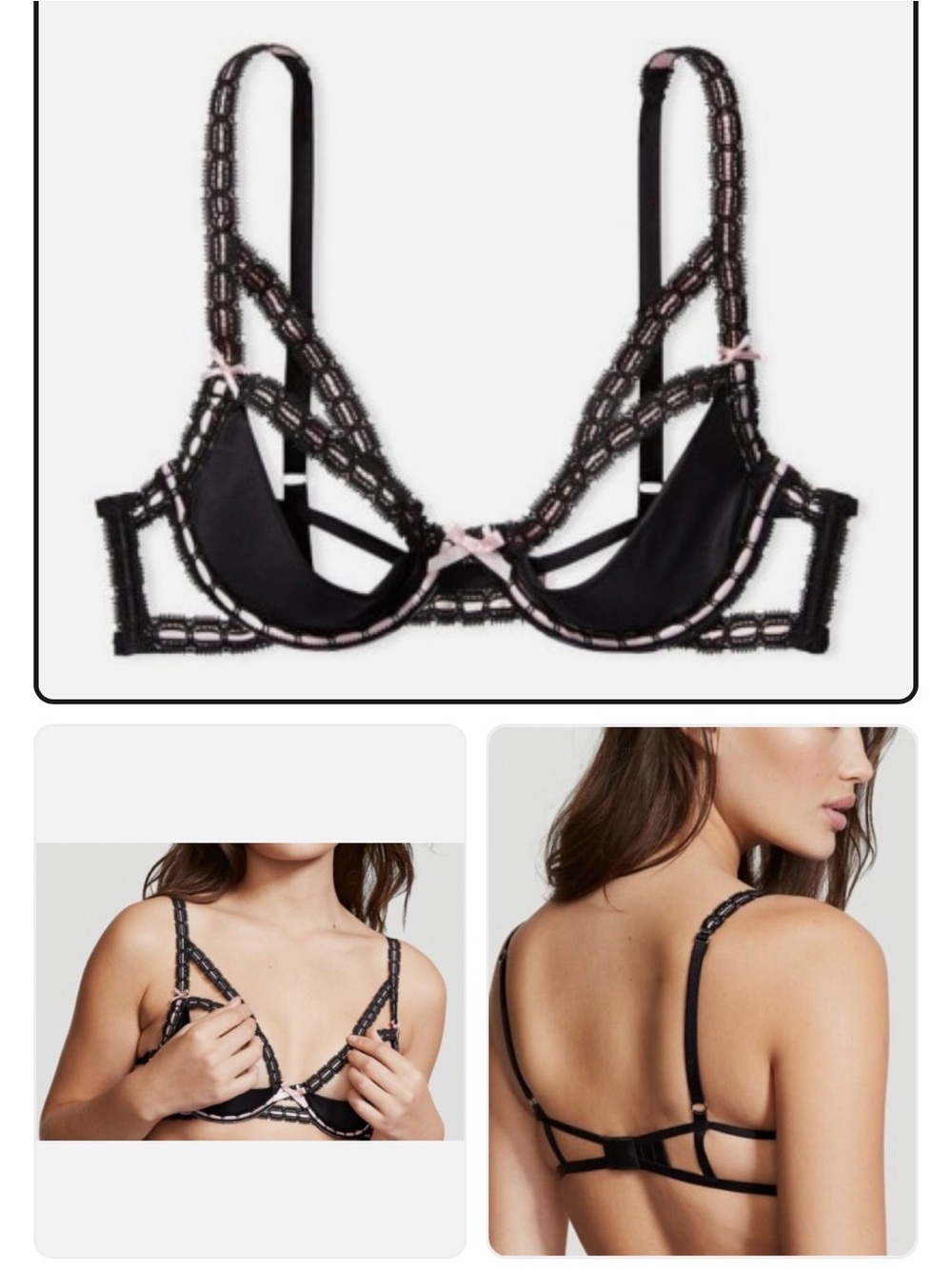 Victoria's Secret Black Lace Underwire Bra with Pink Ribbon Accents